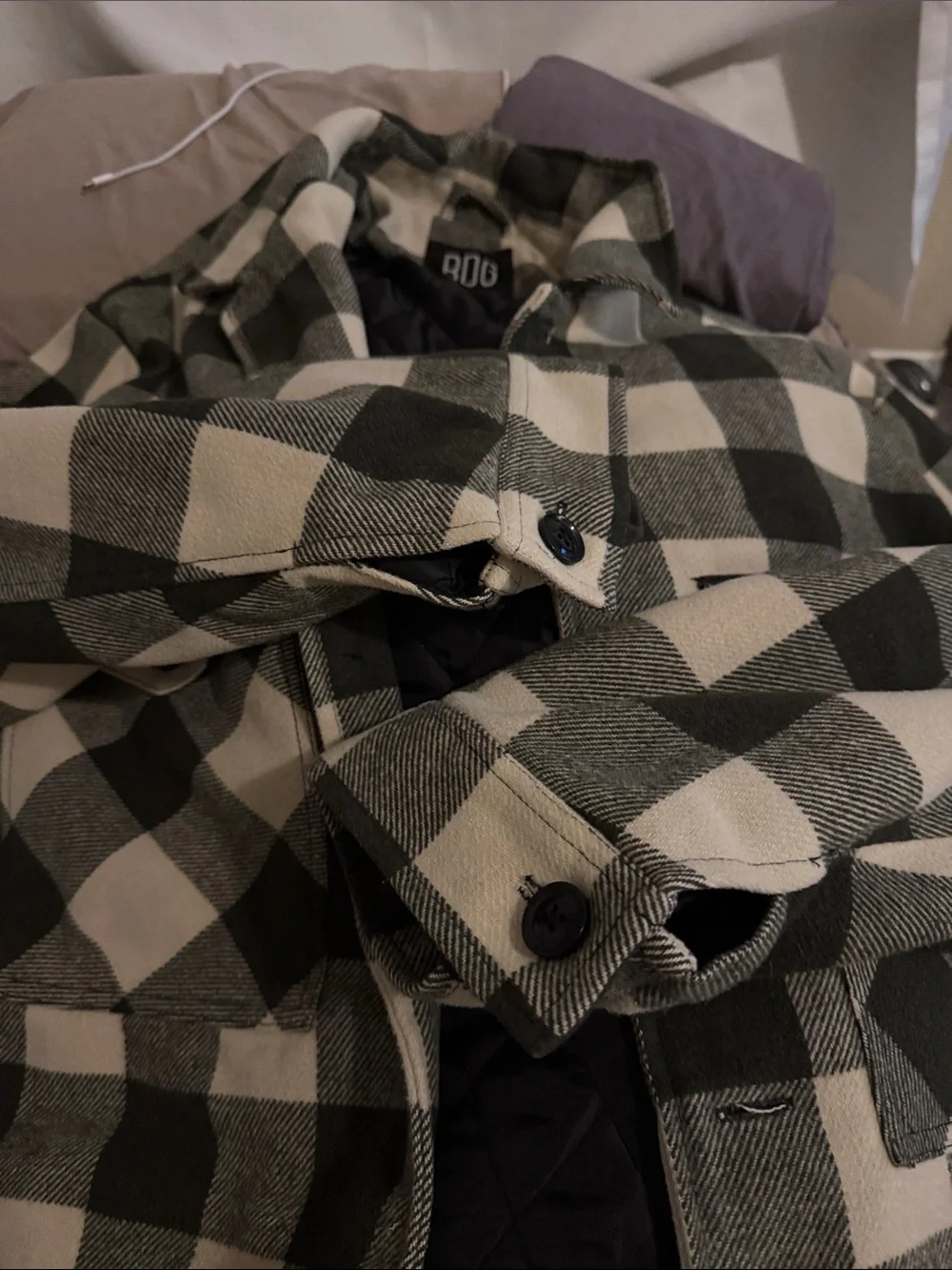 BDG Black and Cream Plaid Quilted Field Shirt Jacket